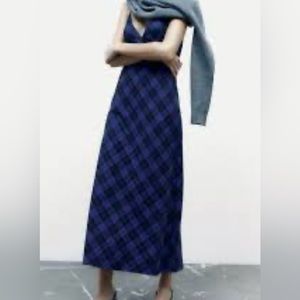 NWOT woman’s Zara blue tartan plaid, long dress spaghetti straps size extra sm